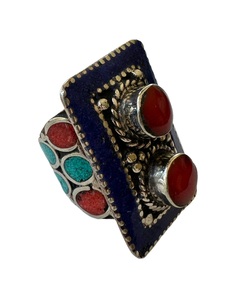 R29 Tibetan Coral and Lapis Ring