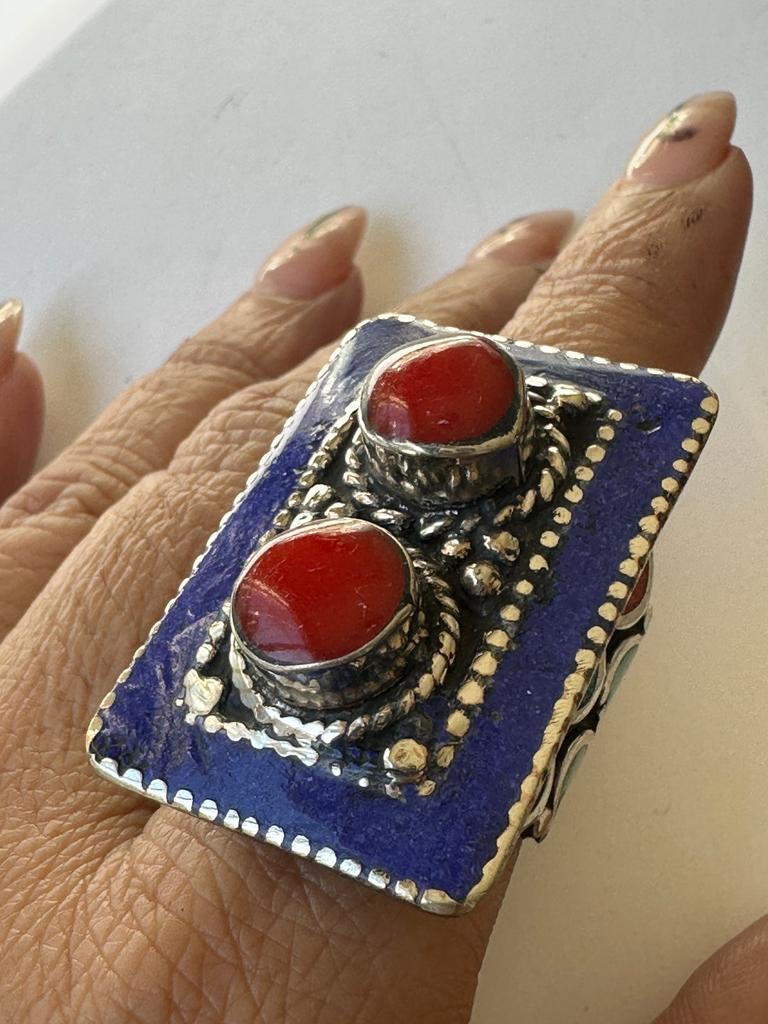 R29 Tibetan Coral and Lapis Ring