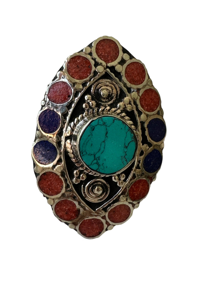 R33 Tibetan Turquoise,Coral and Lapis Ring