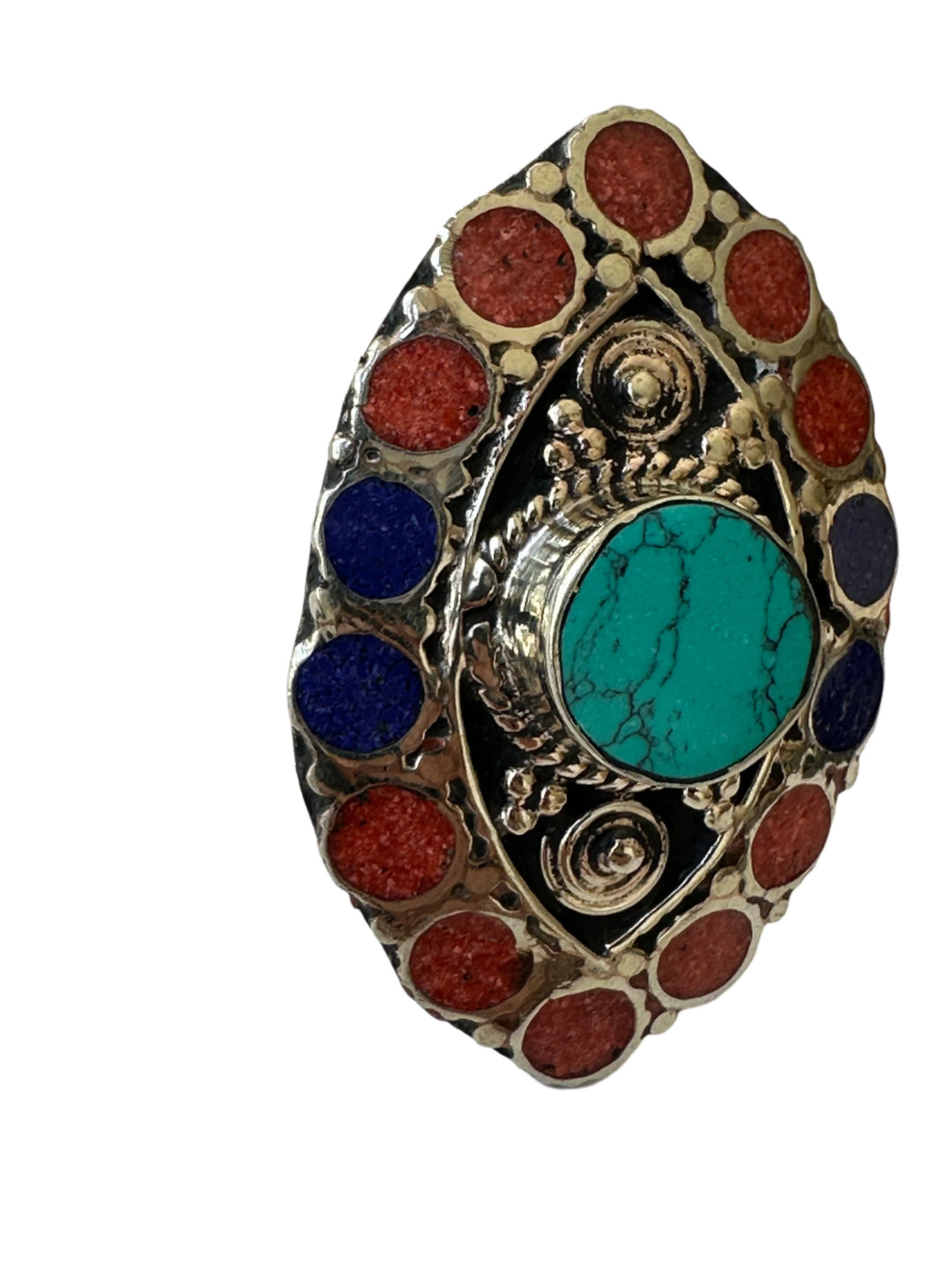 R33 Tibetan Turquoise,Coral and Lapis Ring