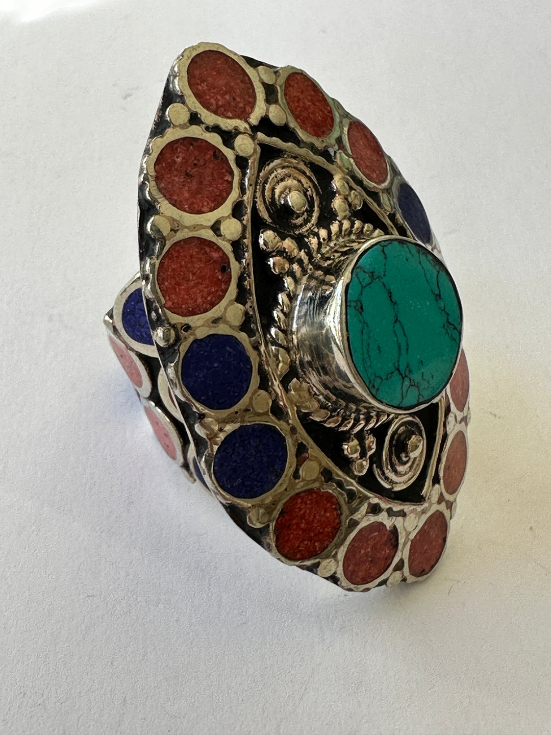 R33 Tibetan Turquoise,Coral and Lapis Ring