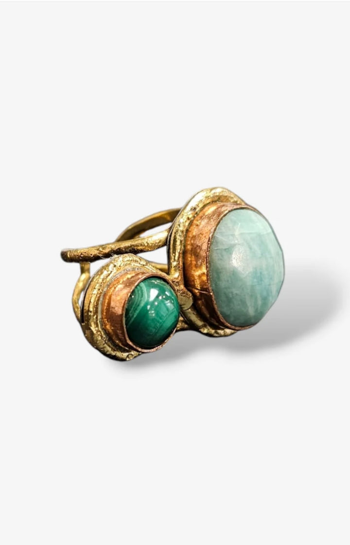 KA12 Malachite and Amazonite Adjustable Ring