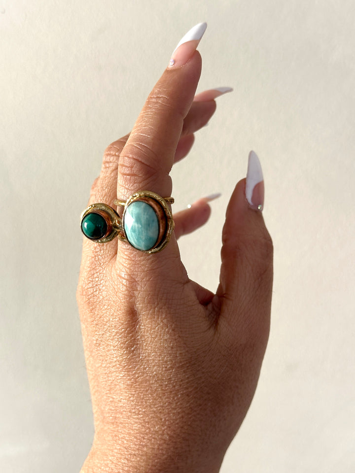 KA12 Malachite and Amazonite Adjustable Ring