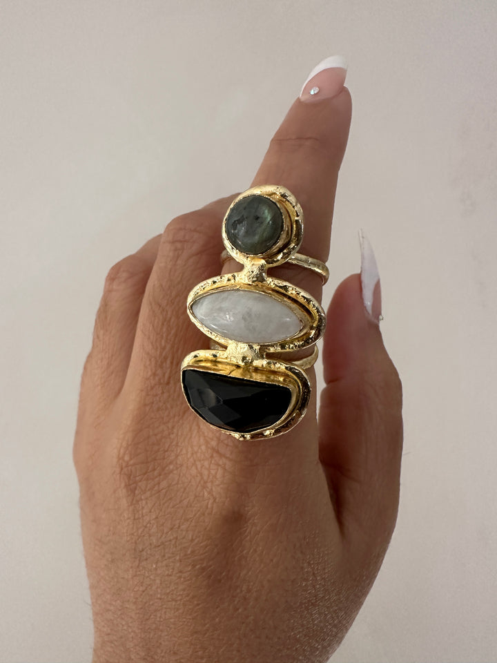 KA37 Three Gemstone Adjustable Ring