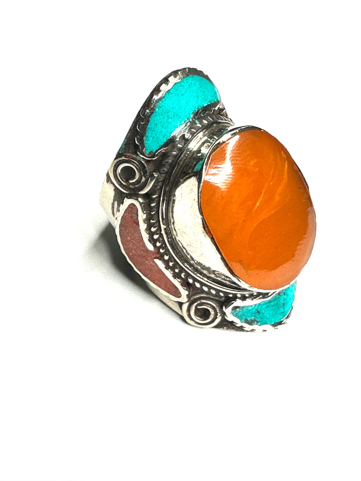 R10 Tibetan Turquoise and Coral Ring