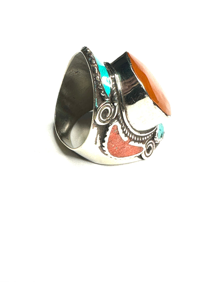 R10 Tibetan Turquoise and Coral Ring