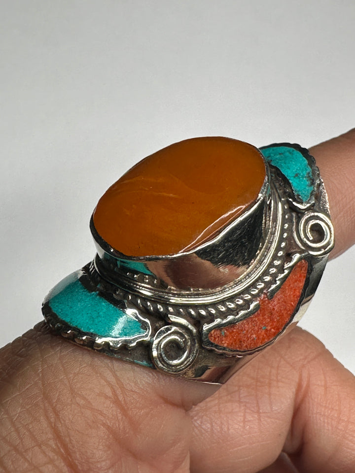 R10 Tibetan Turquoise and Coral Ring