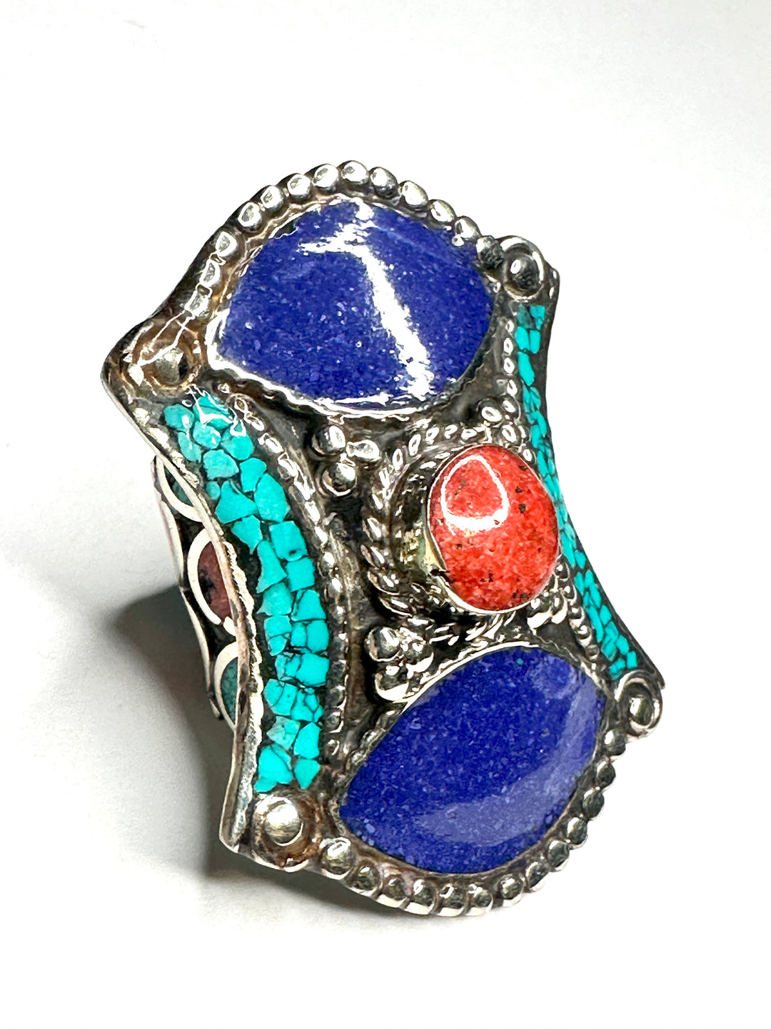 R26 Tibetan Lapis, Turquoise and Coral Ring