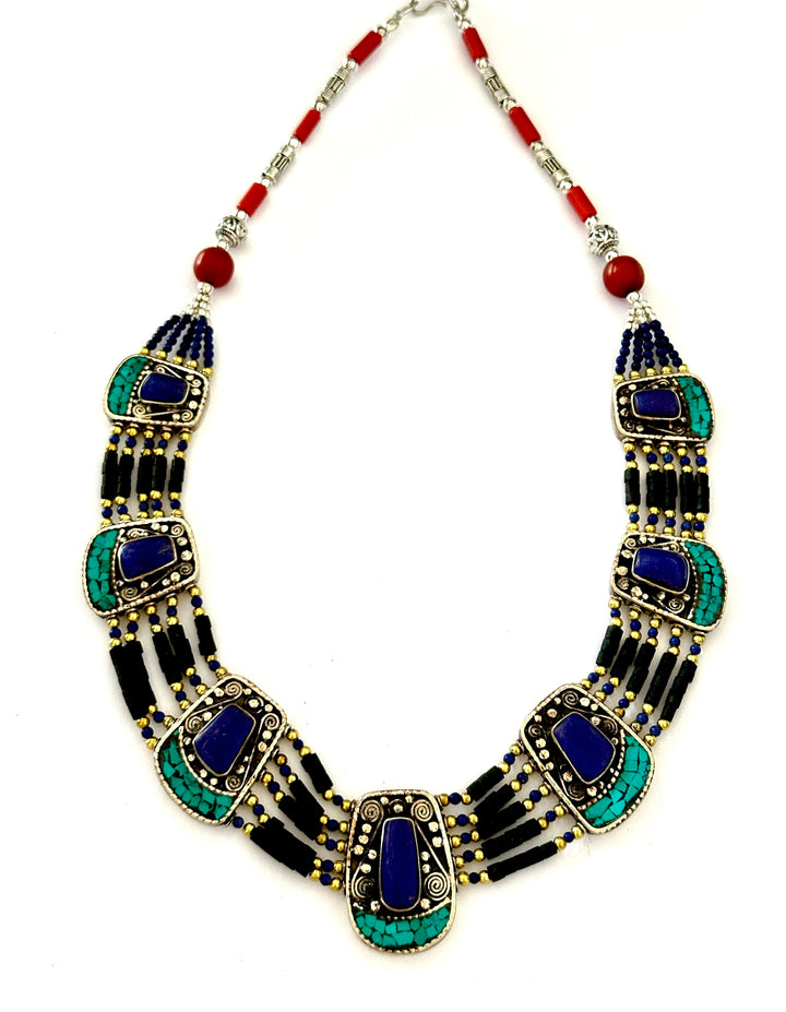 N18 Tibetan Silver Lapis and Turquoise Necklace