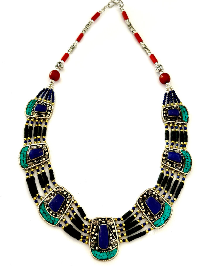 N18 Tibetan Silver Lapis and Turquoise Necklace